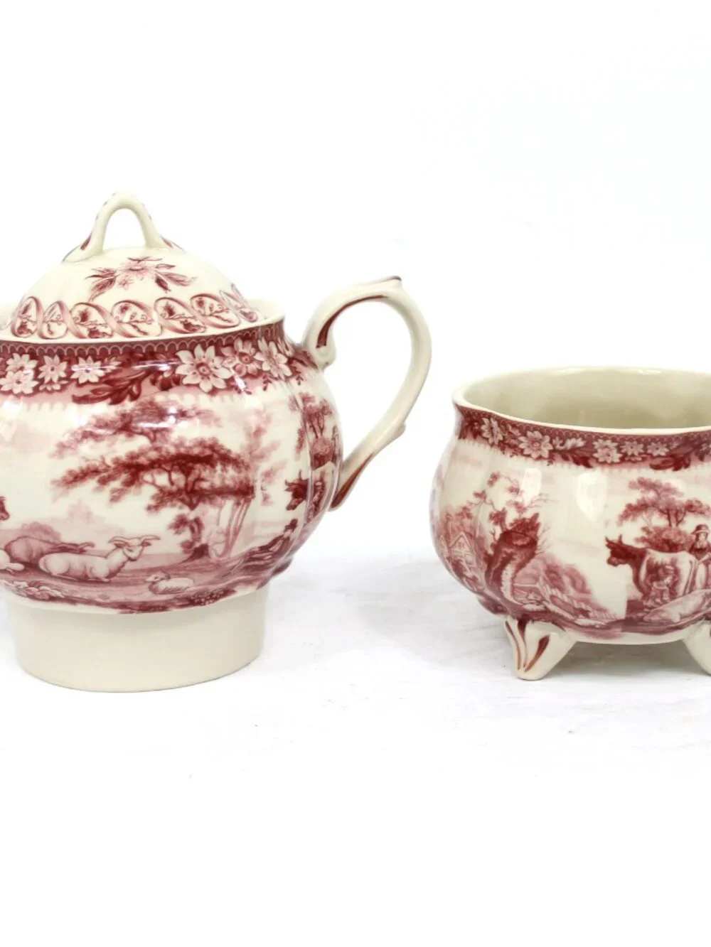 PORCELAIN RED TRANSFERWARE ANTIQUE REPRODUCTION STACKED TEA POT\DOUBLE STACK CUP